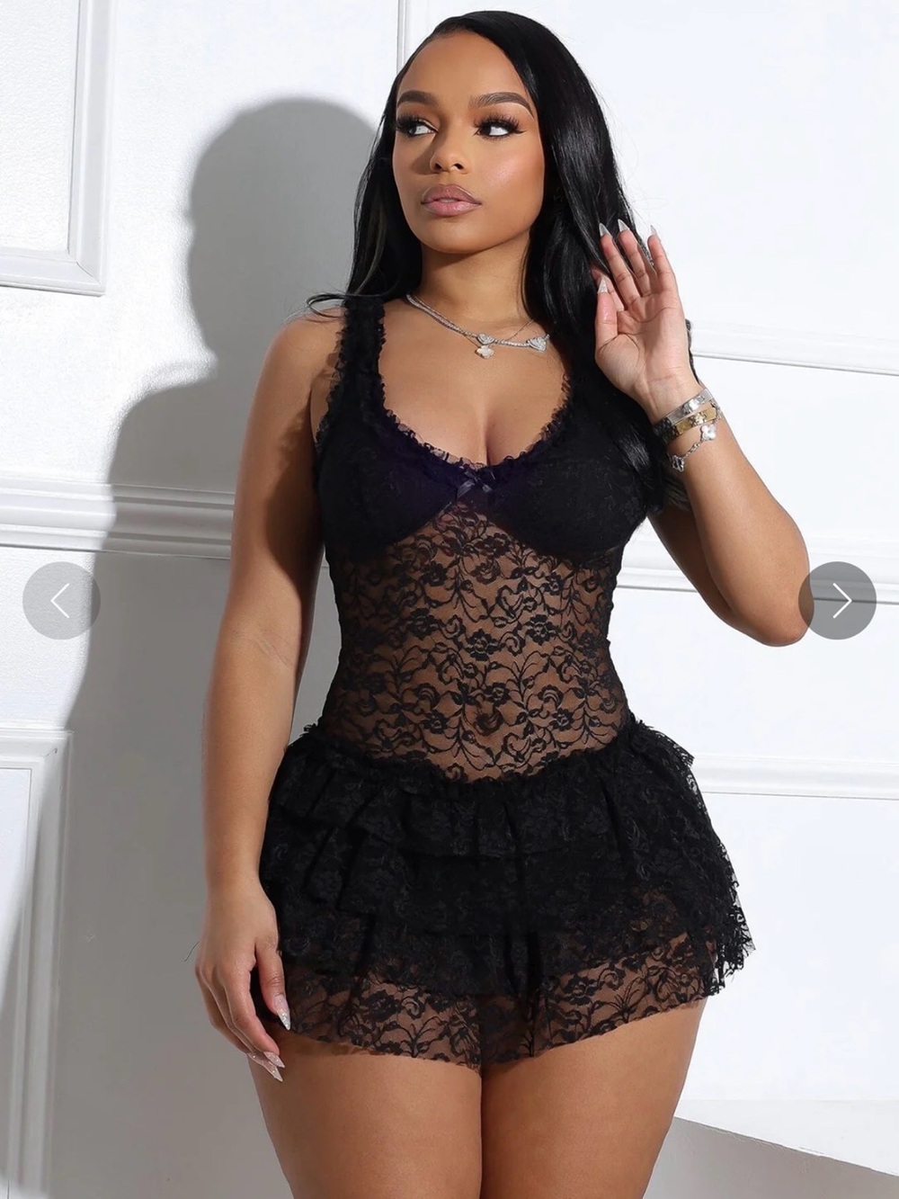 edge Black Floral Lace Sheer Chemise with Ruffled Skirt